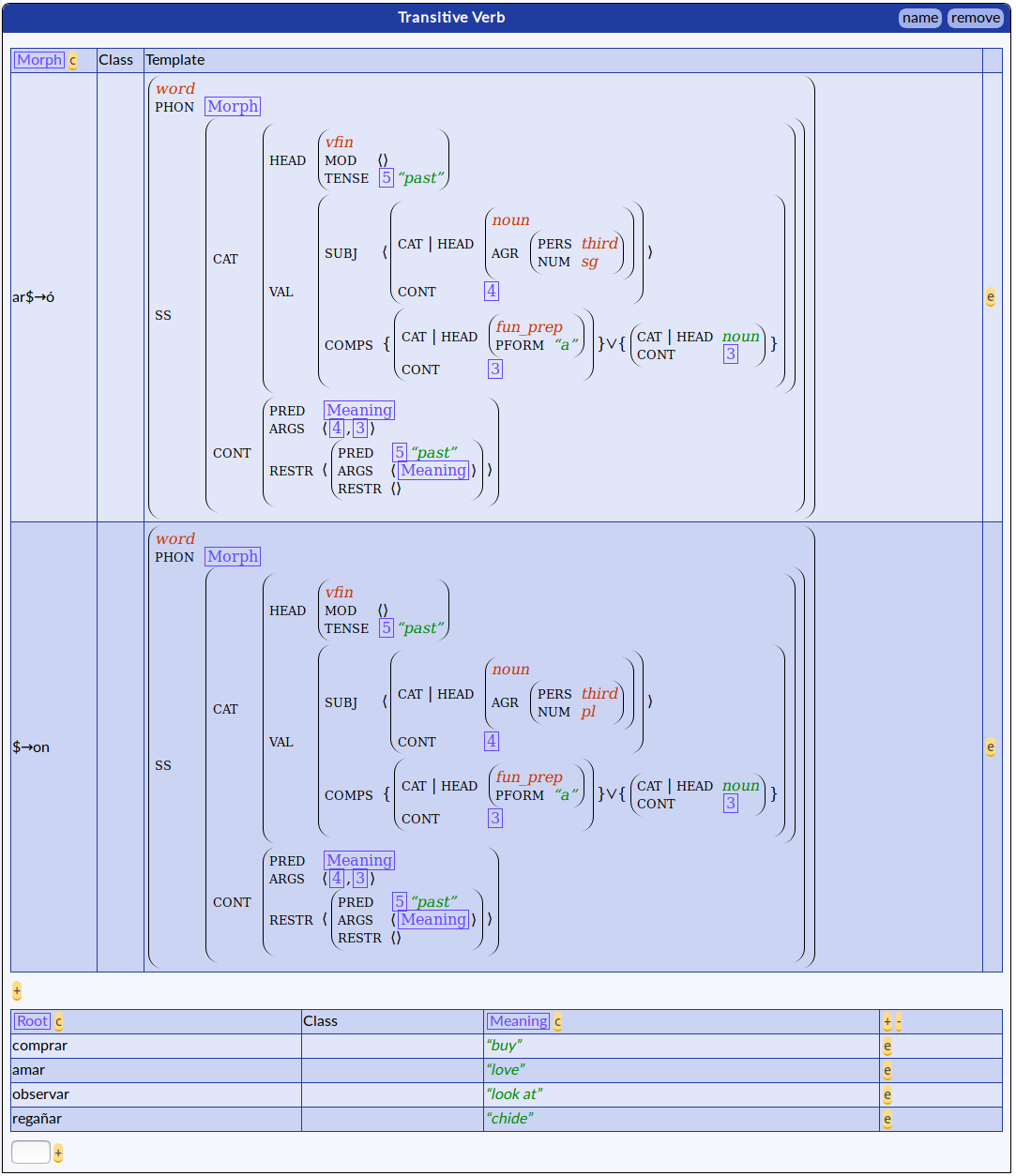 Morphological lexicon screenshot