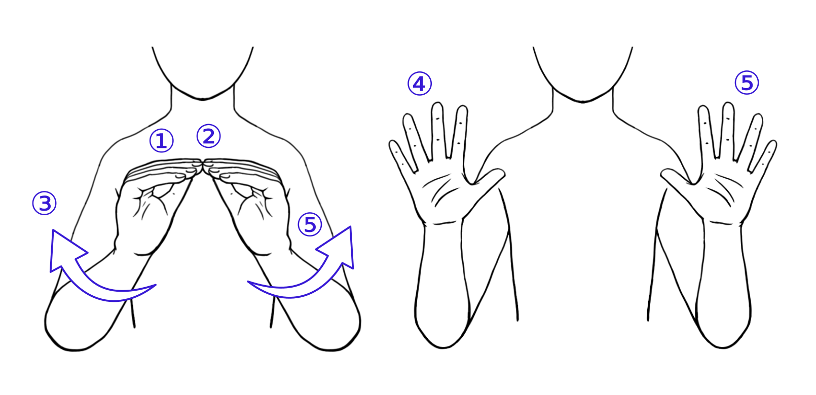 Ilustración del signo idiomático “No hacer nada”. La configuración (Q) inicial es de “pinza recta”, y la orientación (O) es contralateral. Estos son los rasgos “internos” de la mano, marcados con ①. El lugar (L) es neutro, centrado, y con contacto entre las manos ②. El signo incluye dinamicidad, capturada en ③, en la que las manos rotan sobre la muñeca y se desplazan ipsilateralmente. Además, la configuración también cambia, extendiéndose los dedos. El estado final de la mano (Q, O, y L de nuevo) se representa en ④. Finalmente, ⑤ nos llama la atención al hecho de que la mano no dominante realiza, de manera completamente simétrica, los mismos gestos articulatorios que la mano dominante. Este rasgo se suele recoger bajo la denominación de “bimanualidad”. Figura original de Lahoz-Bengoechea y Sevilla (2022b).