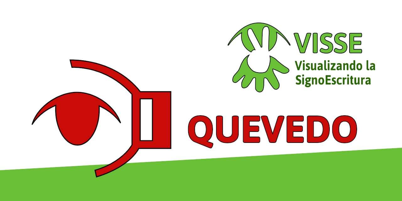 Logo de Quevedo. Es una estilización de la SignoEscritura del signo propio del proyecto, ejecutado con los dedos índice y pulgar posicionados sobre el ojo. Este signo, cuyo significado es “gafas”, es altamente icónico, por lo que el logo también busca evocar dicho objeto.