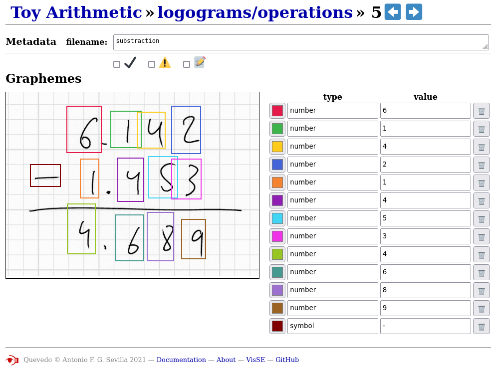 Example of the use of Quevedo to annotate the graphical language of elementary arithmetic, where the bidimensional position of elements is semantically relevant. Section  9.5 describes a real example of annotation and processing of a different graphical language, but this example shows that the same techniques can be used for different languages and systems.