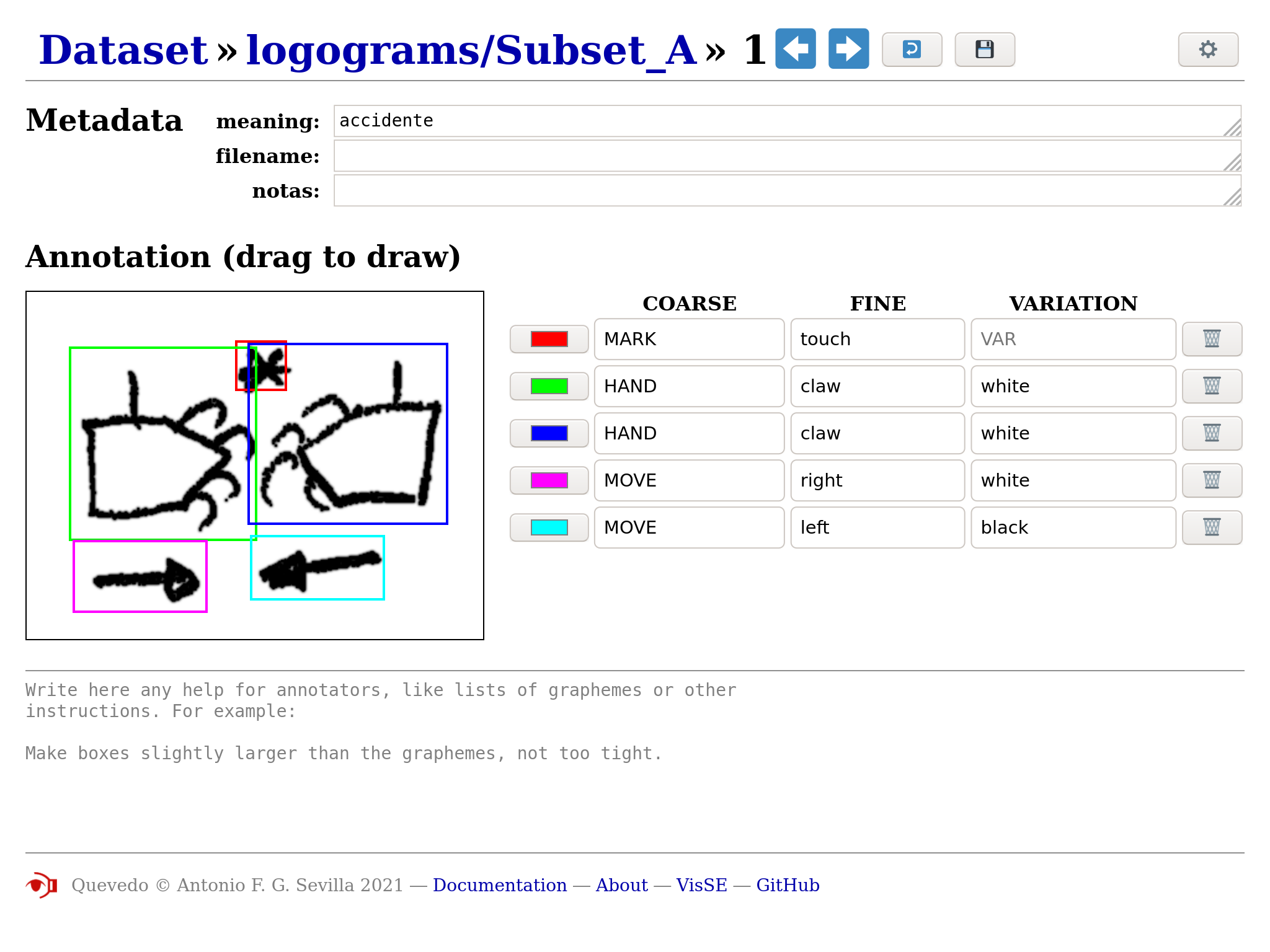 Example of the annotation of a logogram in the web interface.